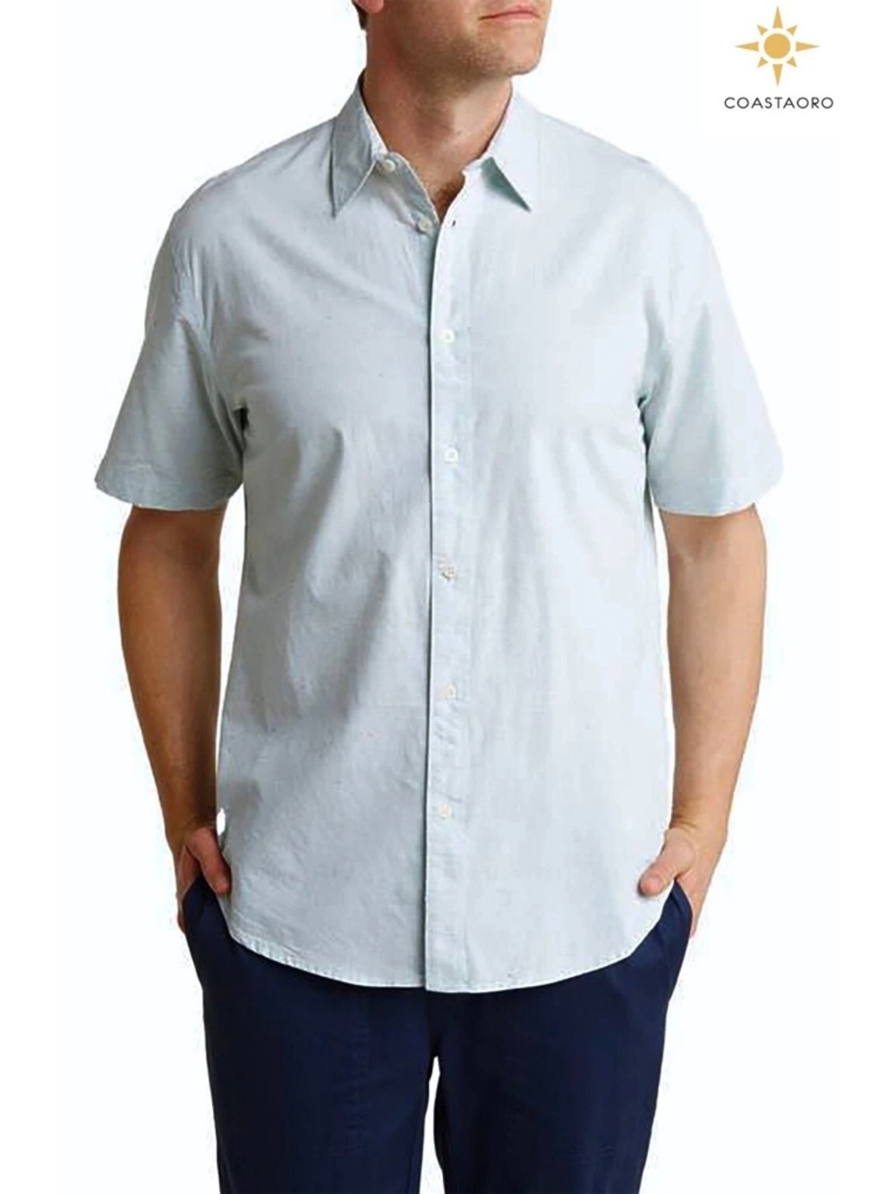 COASTAORO NWT COLORAS S/S MULTI SLUB COTTON AQUA BUTTON-UP SHIRT. SIZE L